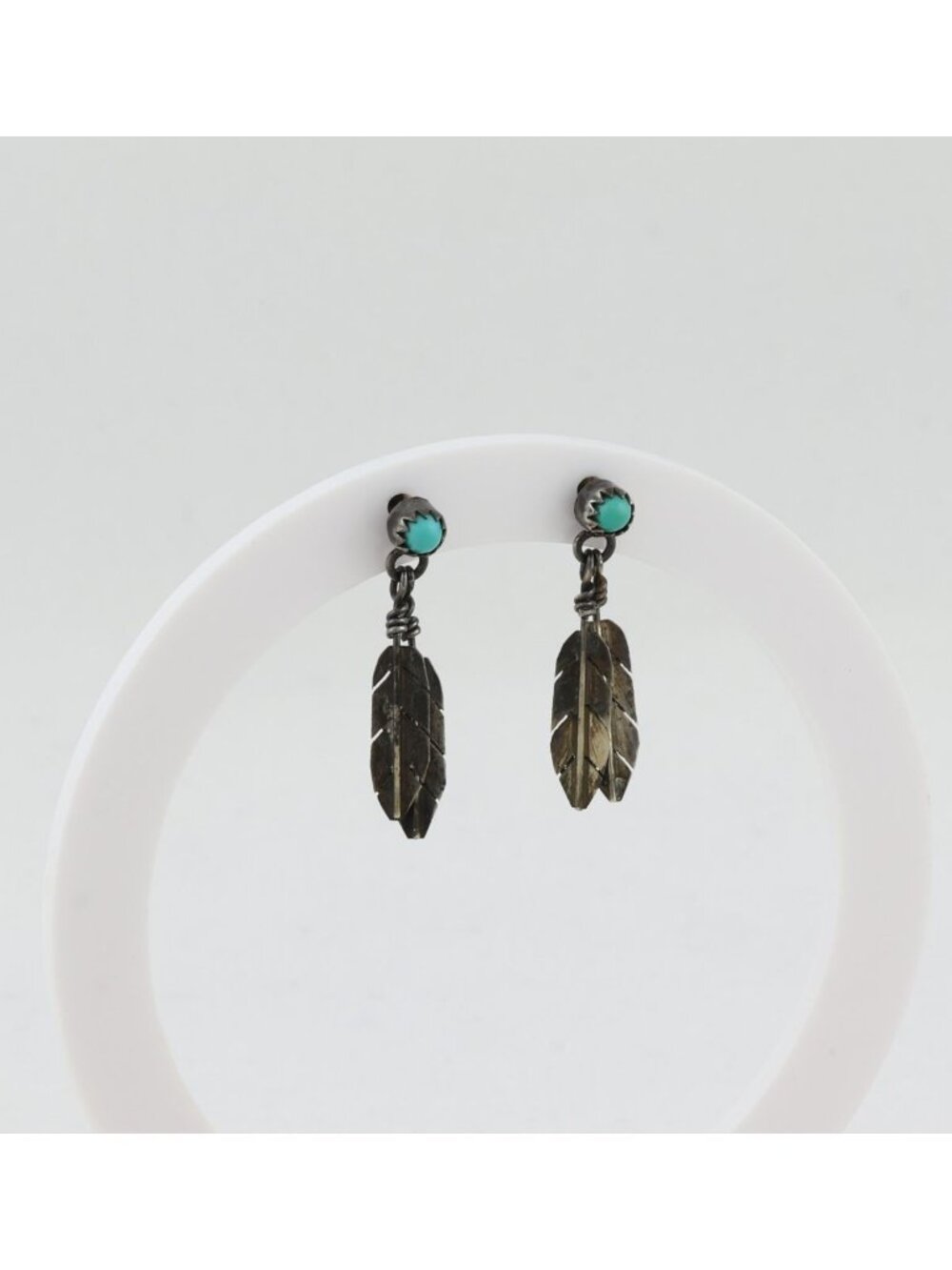 Sterling Silver Turquoise Leaf Earrings Dangle Drop 1 1/8" x 3/8" - Picture 5 of 7